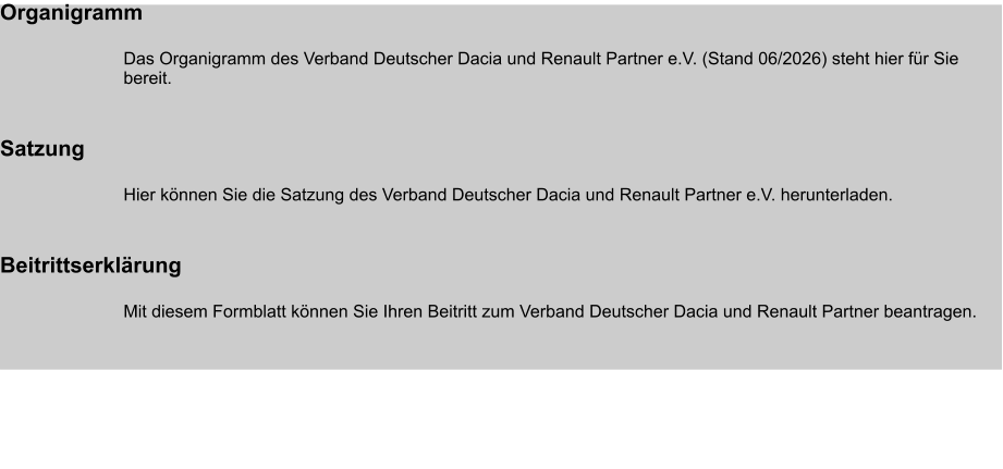 Organigramm  Das Organigramm des Verband Deutscher Dacia und Renault Partner e.V. (Stand 06/2026) steht hier für Sie bereit.   Satzung  Hier können Sie die Satzung des Verband Deutscher Dacia und Renault Partner e.V. herunterladen.   Beitrittserklärung  Mit diesem Formblatt können Sie Ihren Beitritt zum Verband Deutscher Dacia und Renault Partner beantragen.